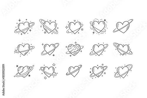 Doodle heart planet illustrations set