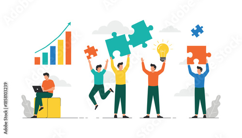Business teamwork illustration showing people solving puzzle pieces with growth chart and idea concept in modern flat style isolated on white background