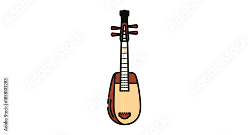 Cartoon Illustration of a Traditional Chinese Ruan Instrument with Four Strings.