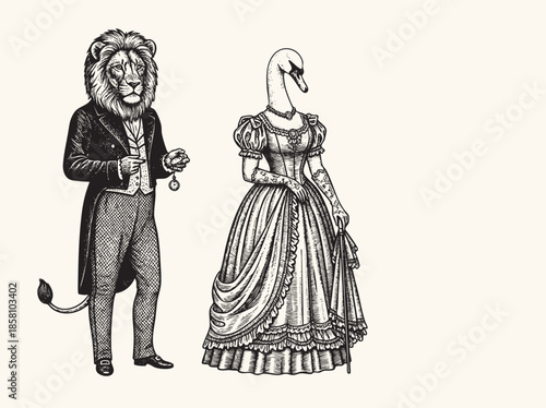 Vintage animal characters dressed as Victorian gentlemen, engraving illustration of people with animal head
