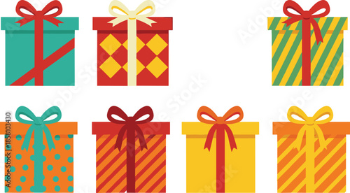 Colorful gift box and present vector set with ribbons bows and decorative patterns in flat illustration style