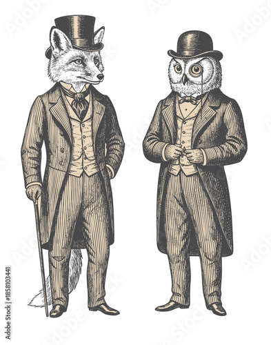 Vintage animal characters dressed as Victorian gentlemen, engraving illustration of people with animal head