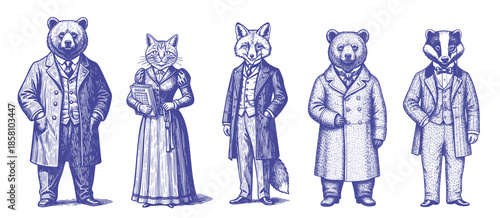 Vintage animal characters dressed as Victorian gentlemen, engraving illustration of people with animal head