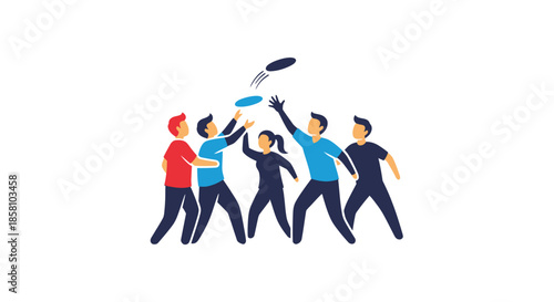 Group of people playing frisbee reaching up to catch the flying disc.