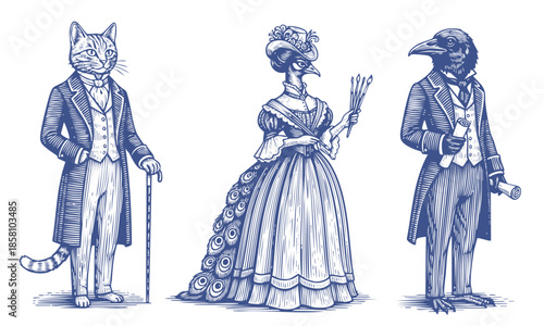 Vintage animal characters dressed as Victorian gentlemen, engraving illustration of people with animal head