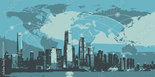 Modern flat vector illustration of global business concept featuring international icons and city landscape for corporate presentations