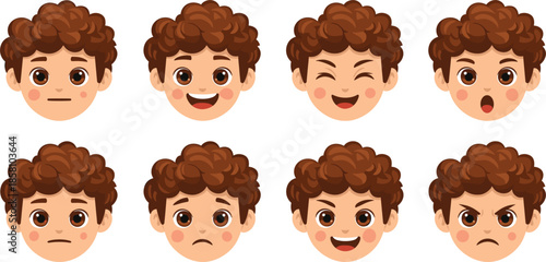 Cute cartoon boy face expressions vector set showing different emotions and moods in flat illustration style