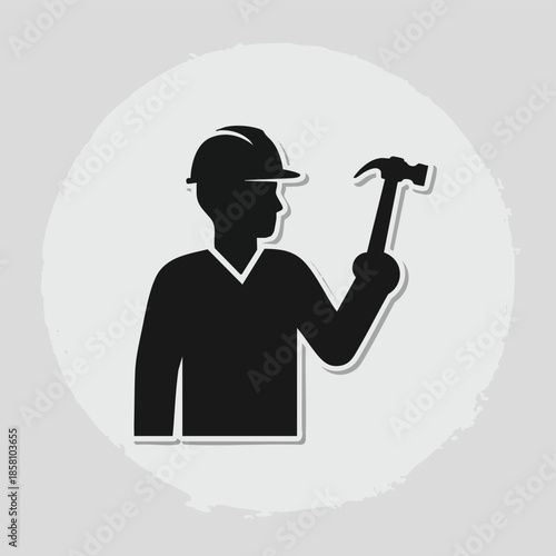 Construction Worker Icon with Hammer Safety Helmet Professional Symbol.