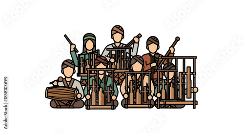 Gamelan Ensemble: Traditional Indonesian Orchestra with Musicians and Instruments.