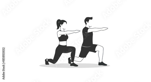 Couple Performing Lunges: Fitness Exercise Together Black and White Illustration.