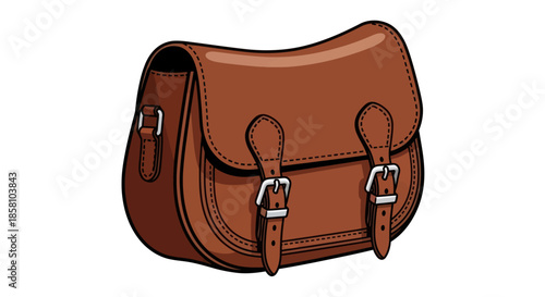 Classic brown leather satchel handbag with a curved flap and two front buckle straps.