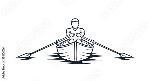 Man Rowing a Boat with Oars on Water.