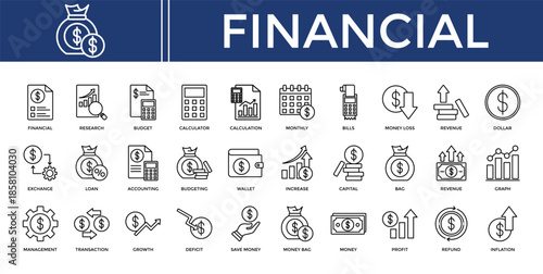 Financial icon set collection. Containing invest, calculate, value, increase, bills, loss, profit .Line vector icons collection