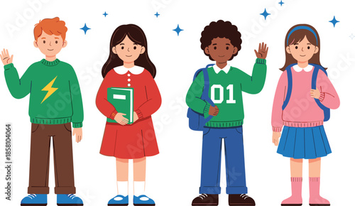 Cute school children students vector illustration set with boys and girls wearing backpacks books and smiling in flat style