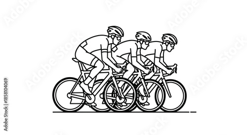 Three Cyclists Riding Bicycles in a Group Wearing Helmets and Racing Gear.