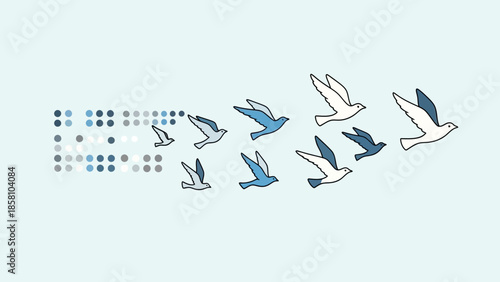 A flock of birds gracefully flying through a dotted pattern, symbolizing freedom and transition