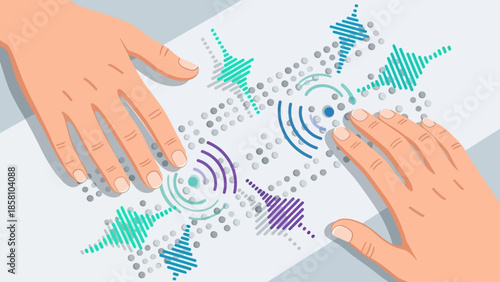 Abstract representation of two hands interacting with a digital network of signals and data points, symbolizing connection and communication