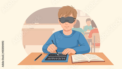 Illustration of a young boy wearing a blindfold learning Braille at a desk in a classroom