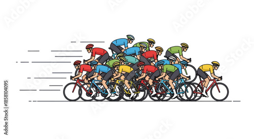 Group of Cyclists Racing on Road Bikes Colorful Outfits.