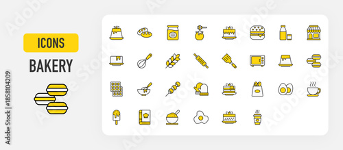 Set of Bakery vector. Pudding, Jam, Honey, Cake, Hamburger, Milk, Butter, Whisk, Wheat, Rolling Pin, Spatula, Oven, Macaroons, Waffles, Mixing, Mini Donut, Glove, Pancake, Paper Bag illustration. 