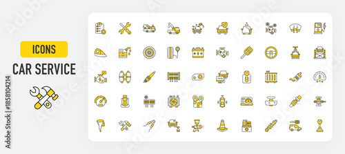 Set of Car service vector. Chcklist, Wrench And Screwdriver, Roadside Assistance, Tow Truck, Car Engine, Car Polish, Waranty, Cover, Engine Coolant, Fuel Pump, Windshield Wiper illustration. 