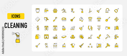 Set of Cleaning vector. Water Bucket, Spray, Laundry Basket, Soap Dispenser, Clothes Hangers, Broom, Mop, Vacuum Cleaner, Dustpan, Sponge, Cleaner, Brush, Feather Duster, Gloves illustration. 