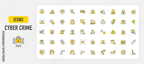 Set of Cybercrime vectors. Brute Force, Scam, Cyber Security, Firewall, Rootkit, Identity Theft, Botnet, Hacker, Phishing,  Virus, Spyware, Ransomware, Ddos Attack, Malware, Data Breach illustration.
