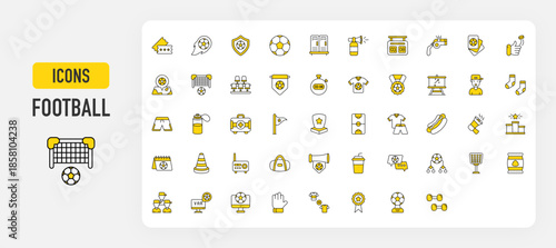 A set of Football vectors. Ticket, Football Shot, Shield, Locker, Air Horn, Scoreboard, Whistle, Red Cards, Toss, Maps, Goal Post, Seats, Pennant, Stopwatches, Shirt, Medal, Strategy illustration.