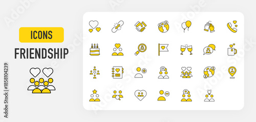Set of Friendship vector. Heart, Link, Handshake, Worldwide, Balloons, High Five, Phone Calls, Cake, Search, Flag, Wine, Chat Box, Mug, Book, Add Friend, Communications, Placeholder illustration. 