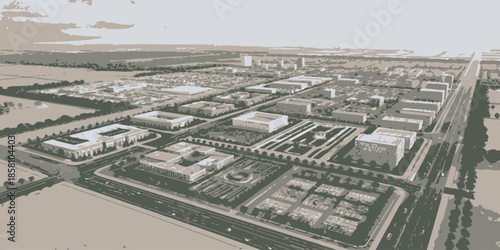Conceptual Urban Development Illustration Highlighting Organized Metropolitan Infrastructure and Efficient City Layout in Vector Style