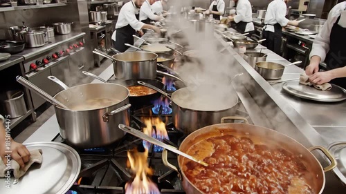 Overhead drone view focusing on multiple pots and pans boiling and simmering simultaneously on a large clean stainless steel commercial stovetop in a busy restaurant kitchen cooking, workflow