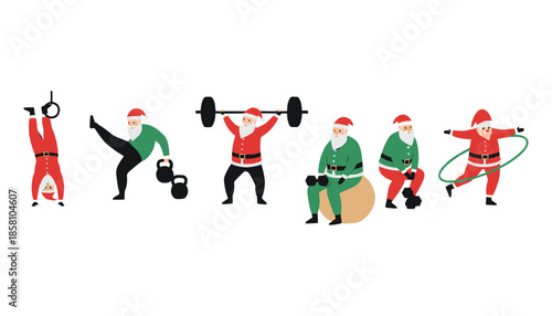 Funny Santa Claus fitness workout illustration set showing Christmas exercise activities and healthy lifestyle concept isolated on white background