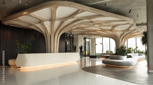 Modern interior design with white reception desk and unique tree like architectural ceiling with large windows and plants