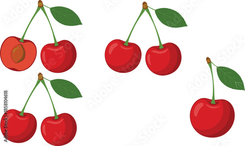 Fresh red cherry fruit vector set with whole sliced and paired cherries in flat illustration style on white background