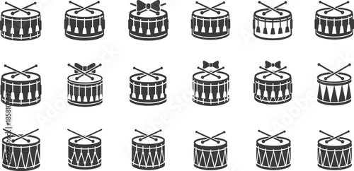 Black-and-white snare drum icons with crossed drumsticks and varied decorative patterns including zigzags, triangles, and bowties