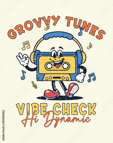 Retro Cassette Character  Groovy Tunes Vibe Check Vintage Funky Cartoo vector illustration artwork Design