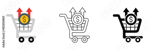 Icon collection symbolizing increasing consumer spending and market growth in e-commerce, illustrating rising purchase power or retail trends