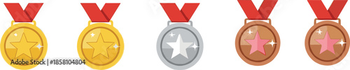 Gold silver and bronze award medal icons vector set with red ribbons and star symbols in flat style