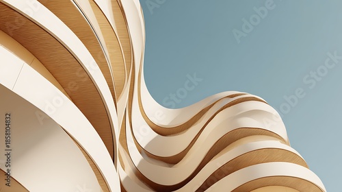 Abstract modern architectural structure with curved wooden layers against blue background, futuristic design element, creative building concept