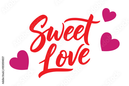 Sweet love script typography with vibrant red lettering and playful pink hearts on a crisp white background, perfect for romantic and affectionate designs