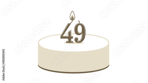 A beige-colored cake with a single lit candle shaped like the number 49 on top, against a plain white background with warm tones.