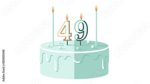 Digital illustration of a teal birthday cake with white icing and three lit candles on top featuring gold and teal number 49 against a clean white background.