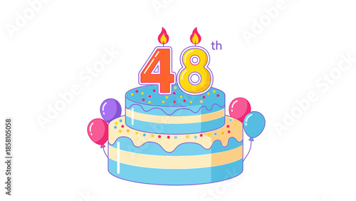 Digital illustration of a blue and yellow birthday cake with colorful balloons and '48th' candles on a white background.