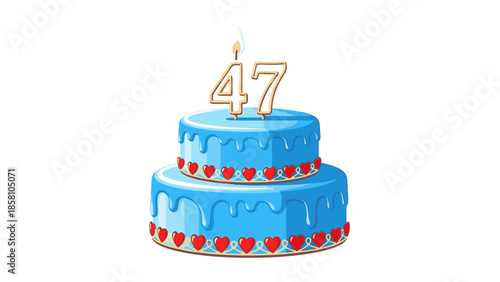 A blue two-tier birthday cake with red hearts and a lit candle forming the number 47 on top against a plain white background.