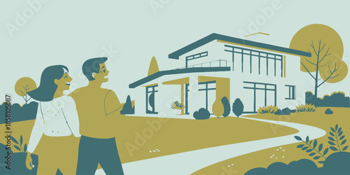 Real Estate Buying Illustration Showing a Happy Couple Celebrating Their New Home Purchase with a Sold Sign in the Background