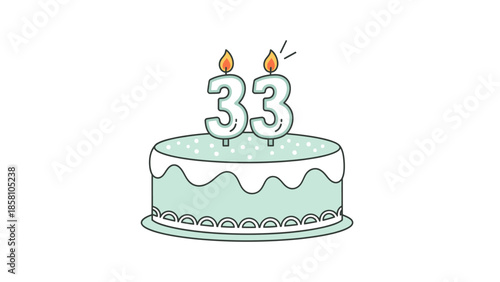 Digital illustration of a mint green birthday cake with white frosting and lit candles forming the number 33 on top against a plain white background.