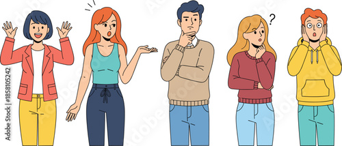 People showing different emotions and reactions vector illustration set with confused surprised and happy expressions in flat style