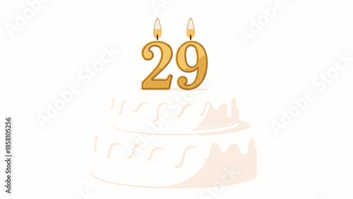 A minimalist illustration of a white birthday cake with gold candles forming the number 29 on top against a plain white background.