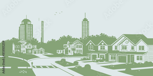 Modern Residential Development Illustration Featuring New Suburban Homes and Community Living in a Clean Vector Style
