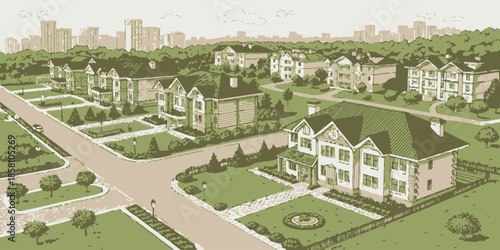 Real Estate Development Illustration with Newly Built Modern Houses and Green Landscaping Representing a Residential Neighborhood